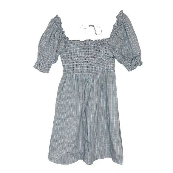 Hill House Athena Gray Blue Plaid Check Puff Sleeve Smocked Mini Nap Dress Small - Picture 6 of 8